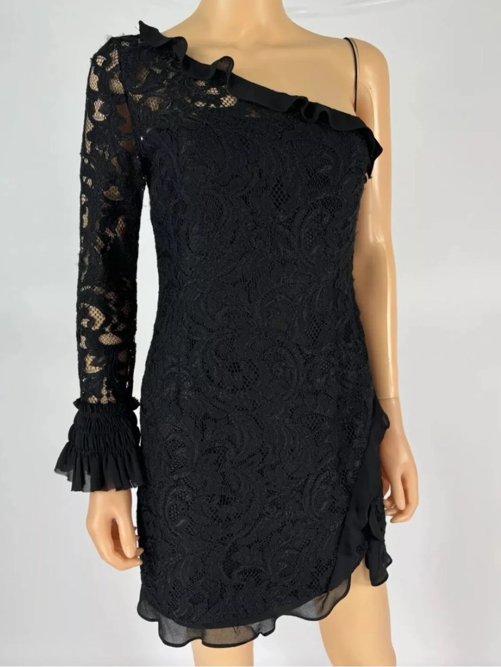 Alexis mini dress sz M One-Shoulder long sleeve Black Lace Cocktail Party Y2K